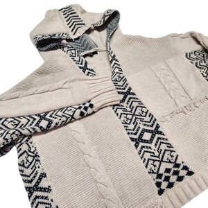FATE Women's Small Boho Knit Hoodie Beige Navy Geometric Cropped